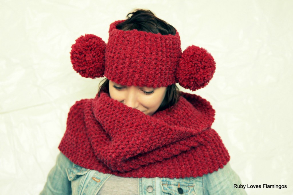 Red Knitted Cowl and Pom Pom Headband Set by Maya