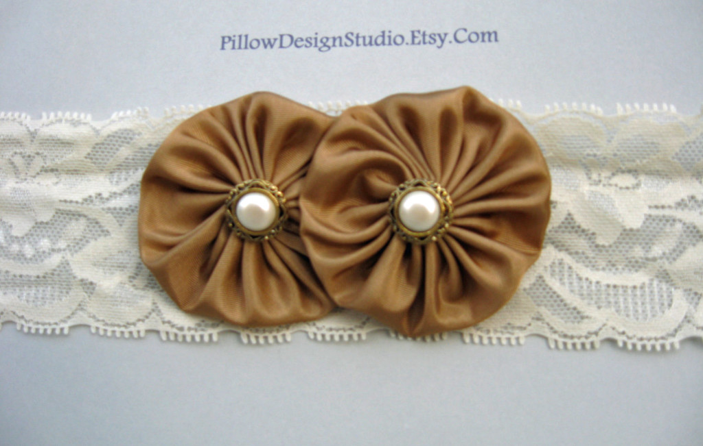 Pillow Designs Baby Headband Lace and Tan Flowers