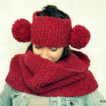 Red Knitted Cowl and Pom Pom Headband Set by Maya