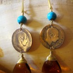 Vintage Spanish brass coin and turquoise dangle Earrings by Hortensia Gibbs